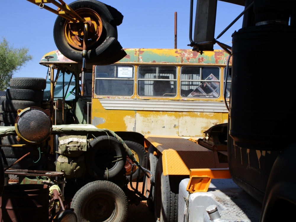 The original Commer school bus used as the fuel compound gate in Mad Max 2 Silverton NSW