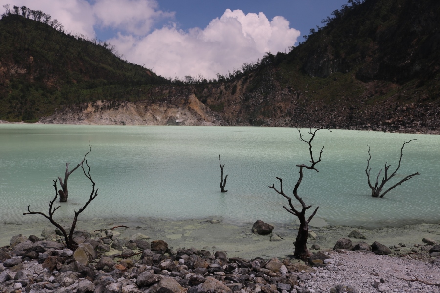 Kawah Putih, the White Crater volcanic lake in the Ciwidey region of Java, south of Bandung 