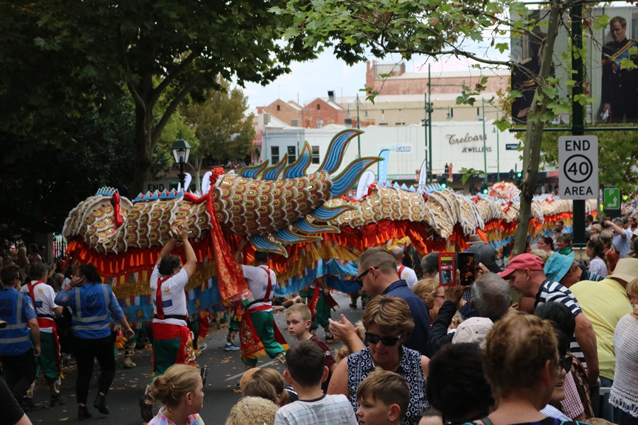 Dai Gum Loong (Big Gold Dragon) makes his way back down View Street to join the other dragons on Pall Mall during the Bendigo Easter Parade 2019